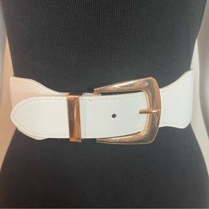 White PU leather gold tone buckle elastic waistband belt